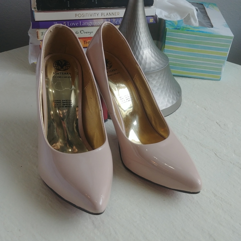 Pale Pink Pointed Toe Red-Bottom Faux Leather high heels Sz 6 Via Terra